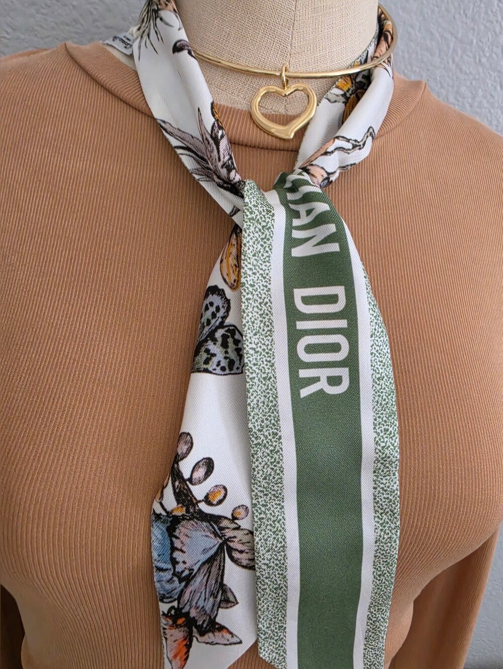 Dior Green and White Floral Silk Neck Scarf